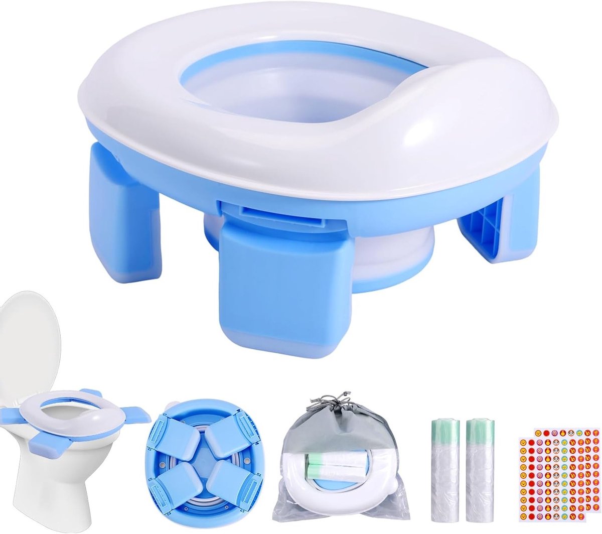 Vouwbare 3-in-1 Toiletbril voor Kinderen, Ideaal voor Potty Training Thuis en Op Reis, Inclusief Potty Tassen en Stickers