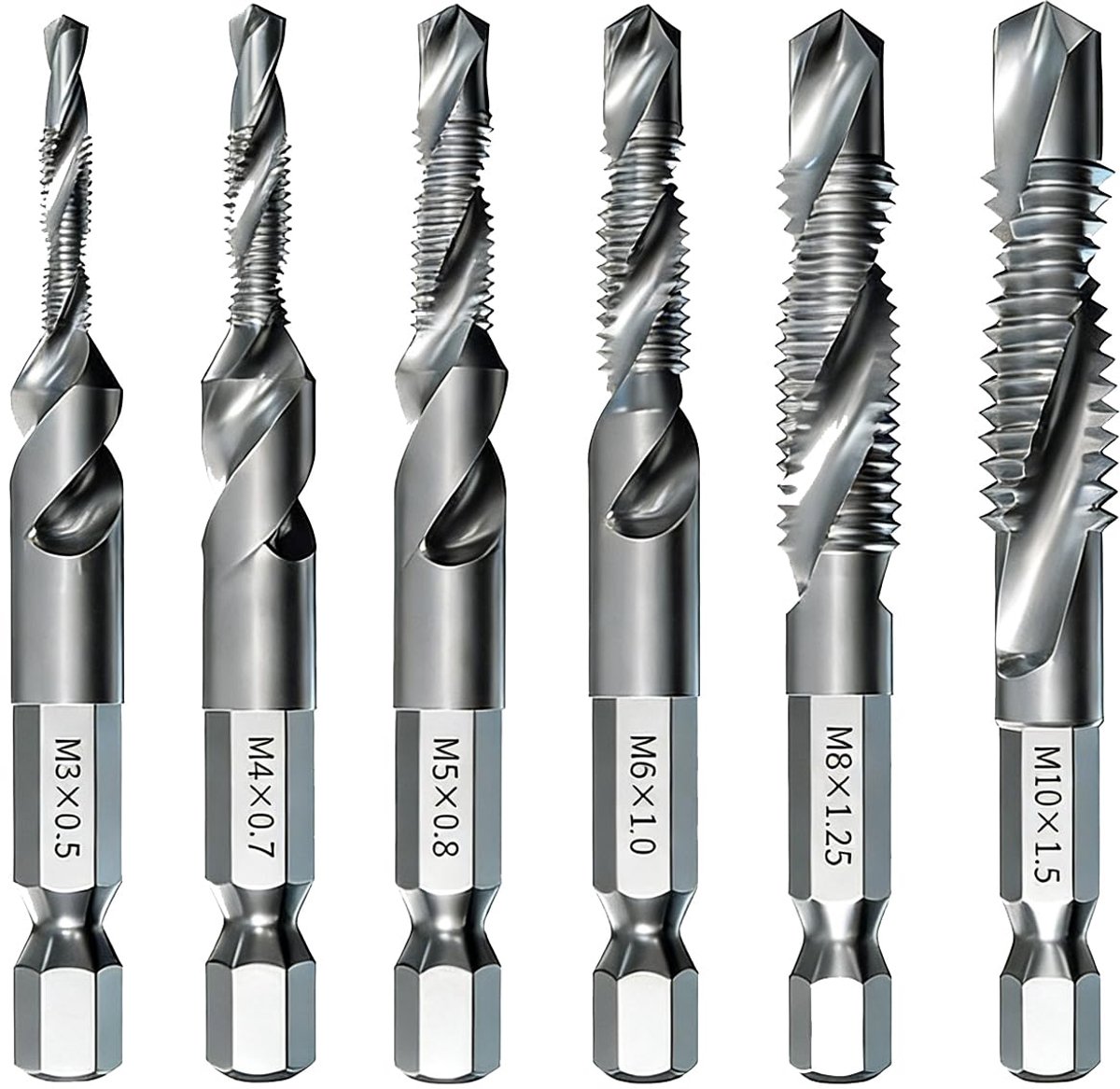 SnelShoppen - 6-delige HSS Boor- en Tapset, M3 M4 M5 M6 M8 M10, Hex Schank, Voor Metaal, Hout en Kunststof, Taper Set, Professioneel Gereedschap, Zilv
