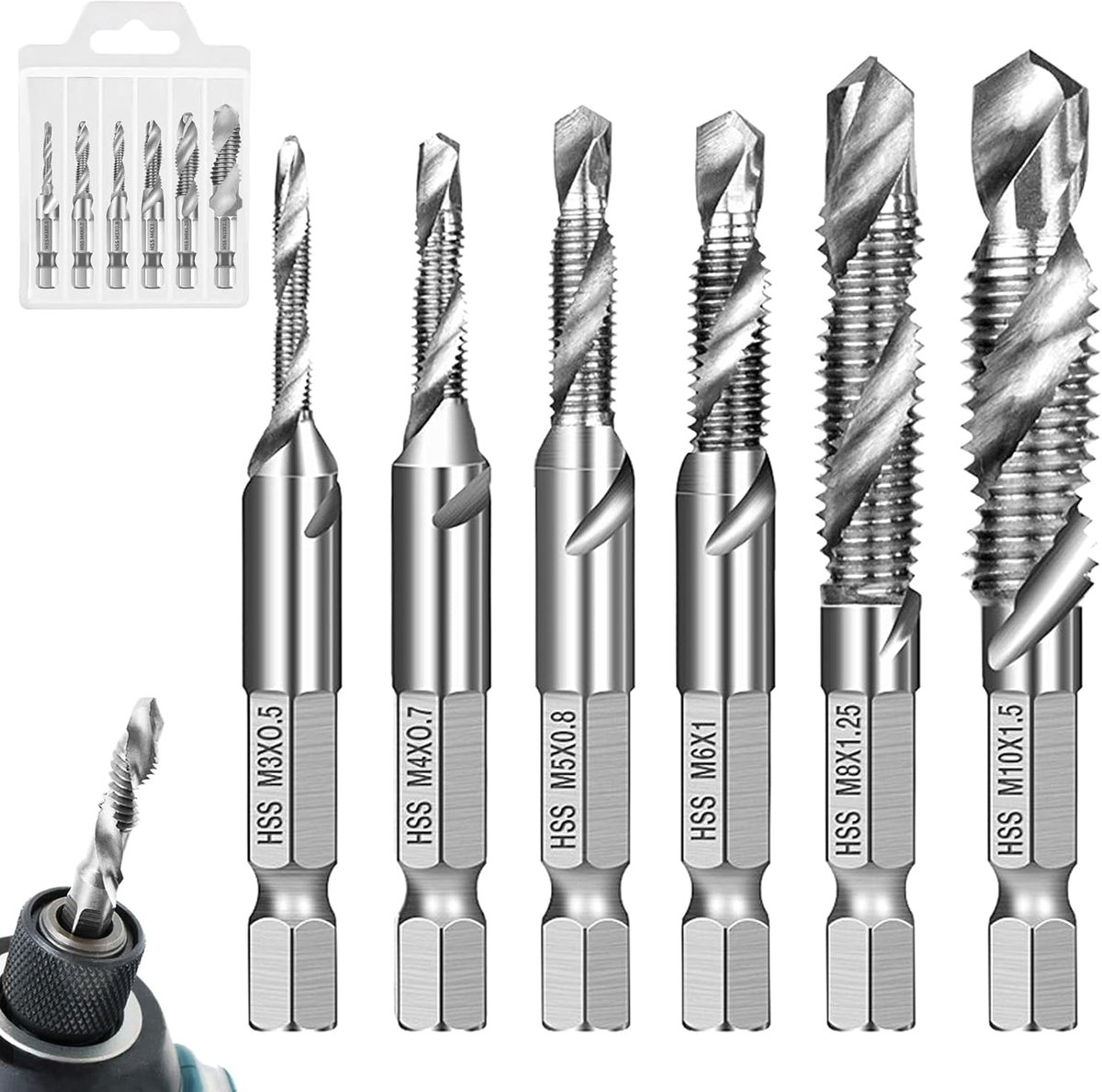 SnelShoppen - Pack van 6 Combi Bit Boor- en Draad Snijbits M3 M4 M5 M6 M8 M10 met Hex Shank - Roestbestendige HSS Staal Draadboor voor Metaal, Hout en