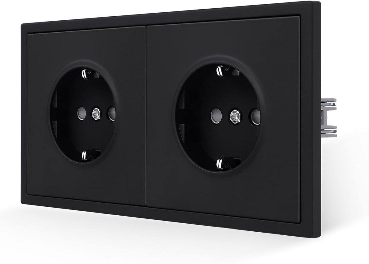 SnelShoppen - Dubbele Wandcontactdoos Zwart Mat, Flush-Montage, 16 Ampère, Schuko, Kindveilige Aansluitingen voor Huishoudelijk Gebruik