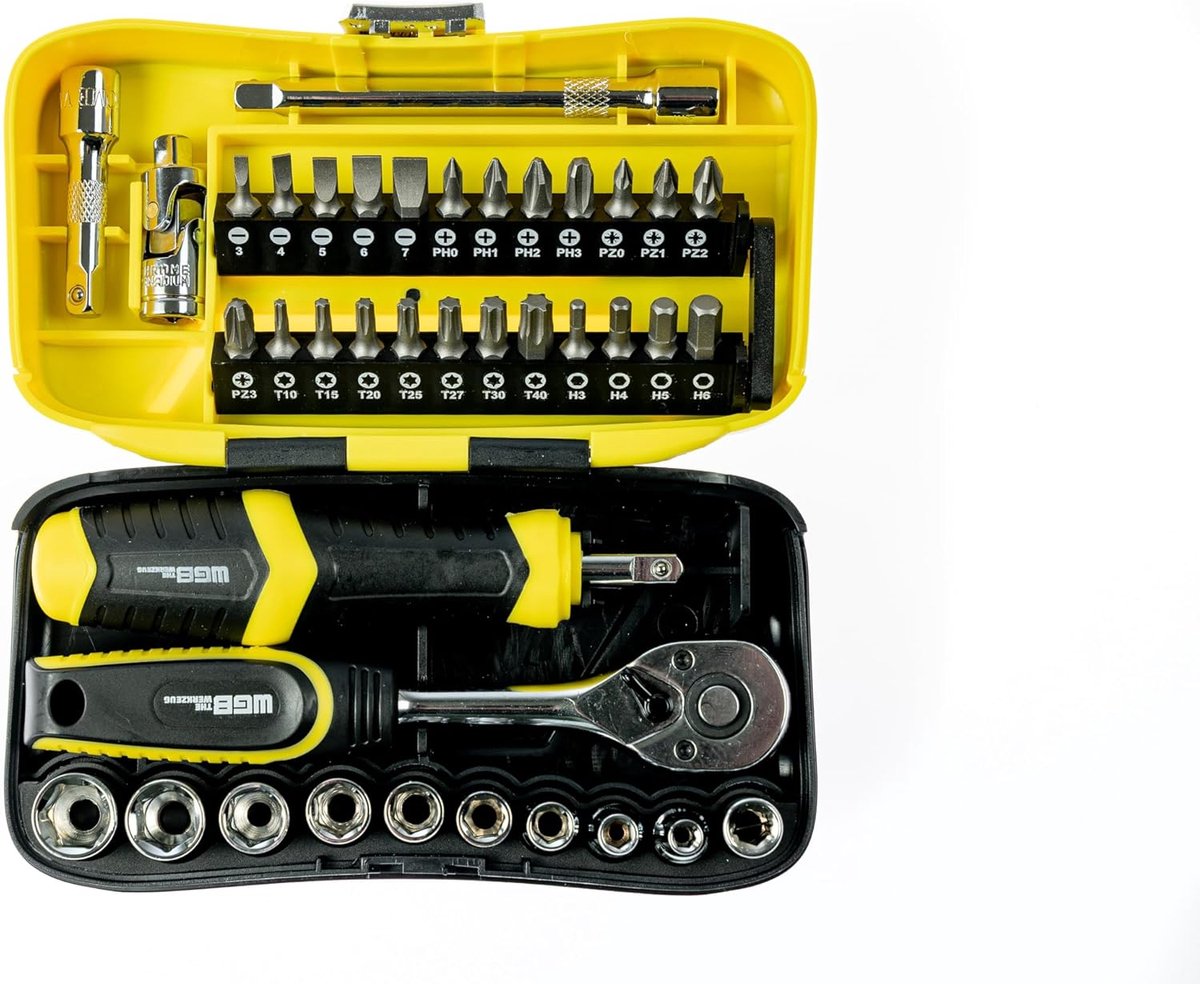 SnelShoppen - 39-delige Ratelsleutelset, ¼" Inbussleutels en Bits, Ergonomische Antislip Handgreep voor Auto, Fiets, Motor, Reparaties, Montagewerkzaa