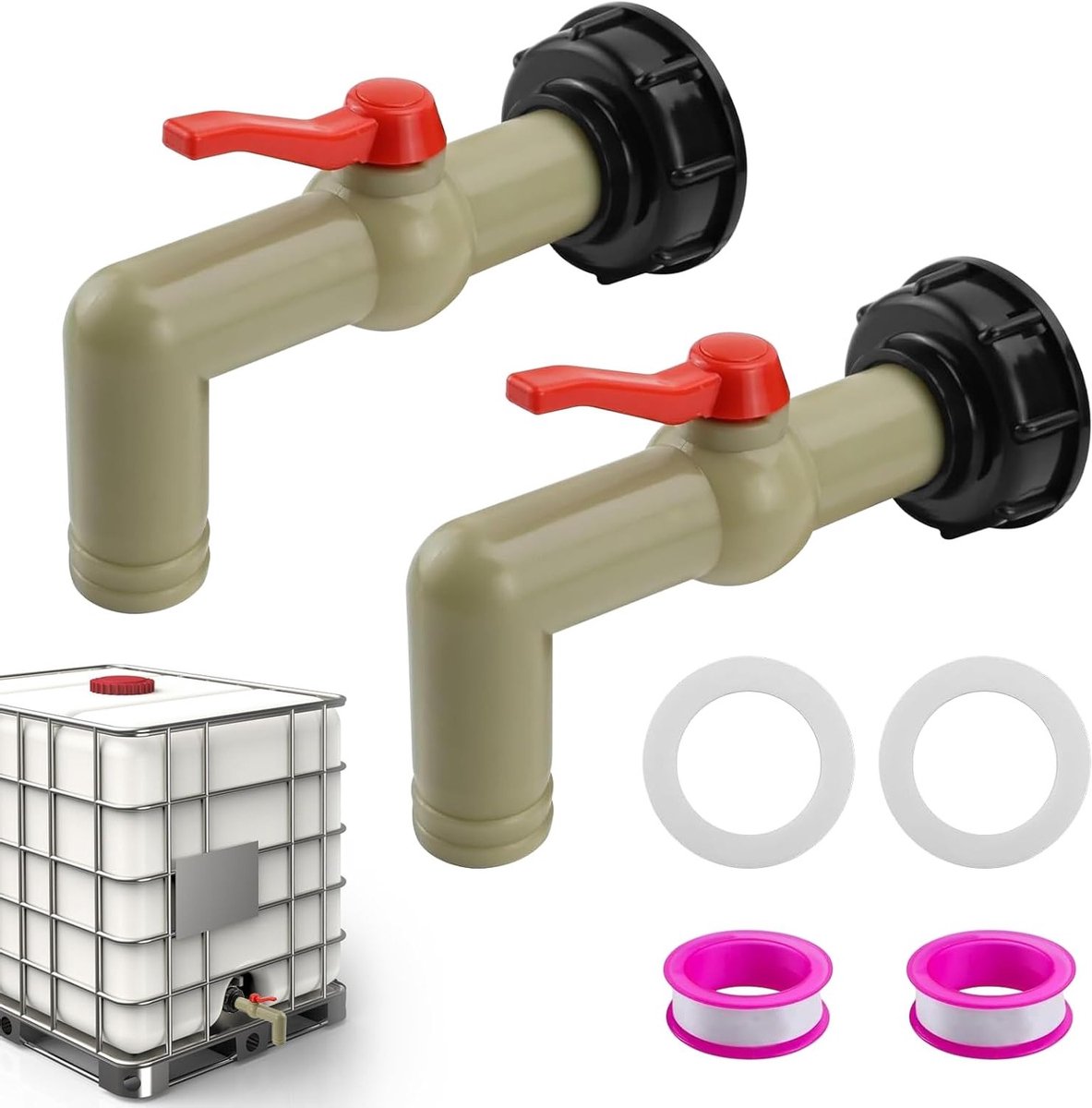 Afvoerkraan voor IBC-tanks, 1 inch, 2 stuks, ideaal voor regentonnen, waterreservoirs en containeraccessoires, geschikt voor 1000 liter tanks, kogelkraan en tankkraan 32 mm (DN40/50)