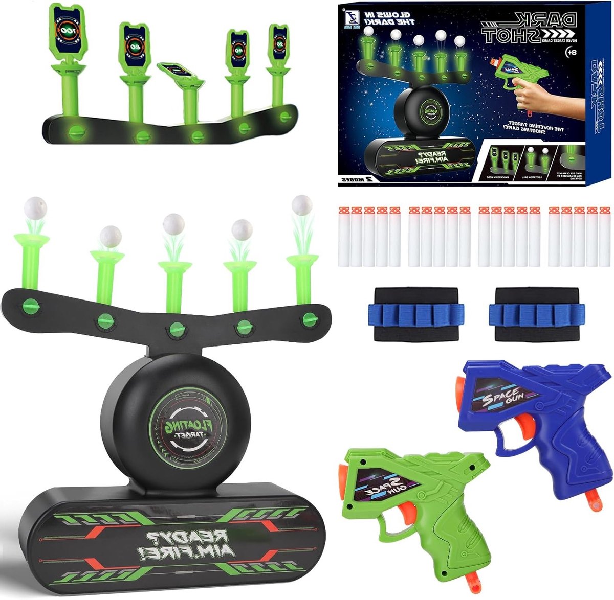 Glow in the Dark Luminous Floating Target Oefenspel voor Kinderen met Schuimkogels, Polsbandjes en Speelpistolen