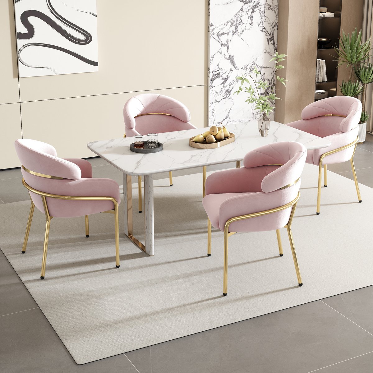 Eetkamerstoelen met armleuningen - Set Van 4 - Eettafelstoel - Keukenstoel - Eetkamerstoelen - Stoel - Eetkamerstoel, enkel, licht luxe, woonkamer, slaapkamer, vrijetijdsstoel, met 4 metalen poten, fluweel - Roze