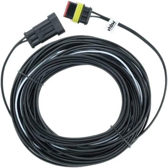 Opgerolde zwarte kabel met vhbw-label en twee verschillende uiteinden voor robotmaaier-aansluiting.