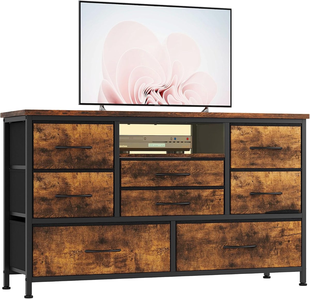 Luxe Ladekast met 8 Stoffen Laden - TV-Meubel met Smart LED-Verlichting & Ingebouwd Stopcontact - Industrieel Dressoir met USB-Poorten - Opbergkast voor Slaapkamer & Woonkamer - 120 x 34 cm