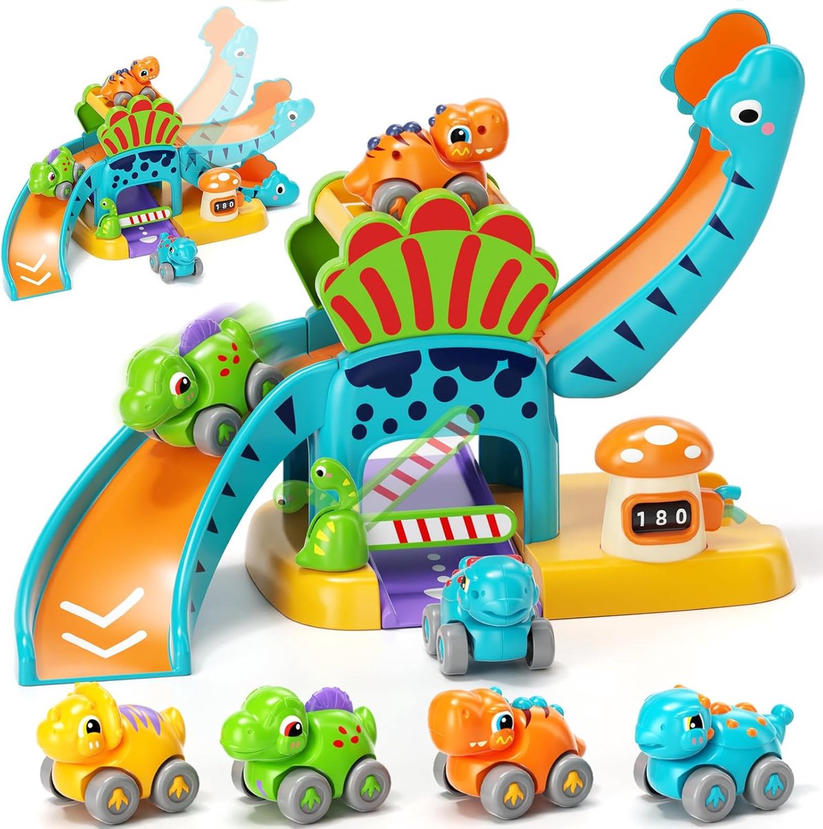 SnelShoppen - Dinosaur Car Set met Oprit en Parkeergarage, Speelgarage voor Kinderen 1-3 Jaar, Ondersteunt Motorische Vaardigheden en Creativiteit, Pe