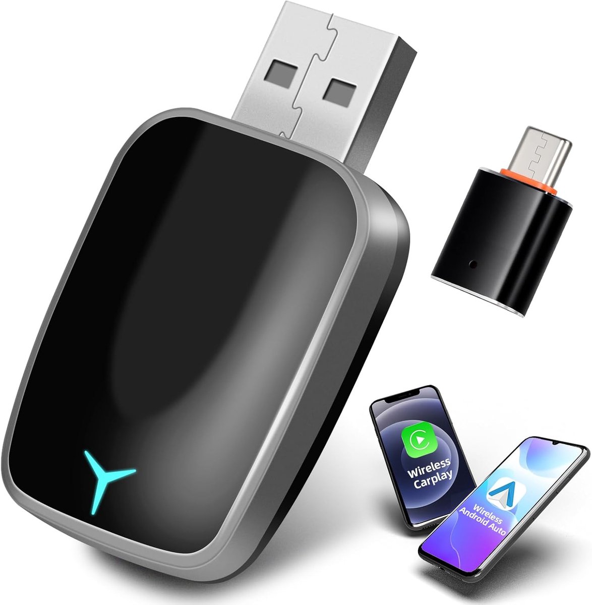 SnelShoppen - Wireless CarPlay/Android Auto Adapter - 2-in-1 Dongle voor Draadloze Verbinding - Plug & Play CarPlay voor iOS 10+/Android 11+ met USB C