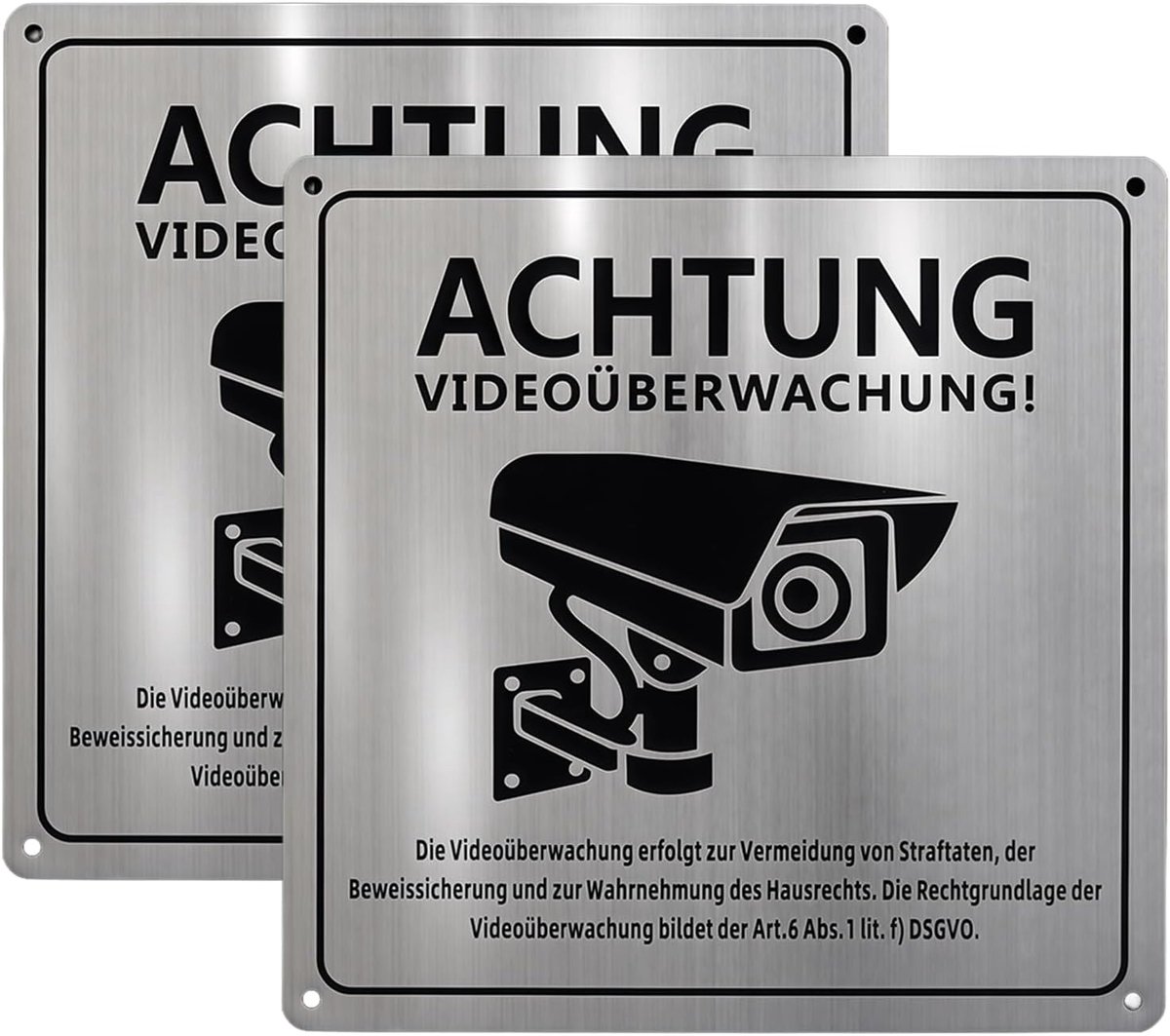 SnelShoppen - Videobewaking bord set van 2 - 15x15 cm - Zelfklevend geborsteld aluminium - Beveiligingsbord voor privé-grondstuk - Binnen en buiten ge