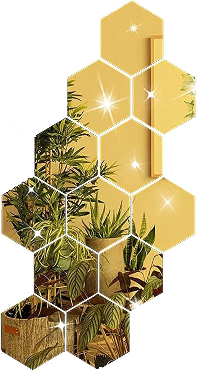 SnelShoppen - 12 Stuks Hexagonale Acryl Wandspiegel Stickers - Zelfklevende Tegels voor Wanddecoratie in Badkamer, Woonkamer, Keuken, Kleedkamer (Goud