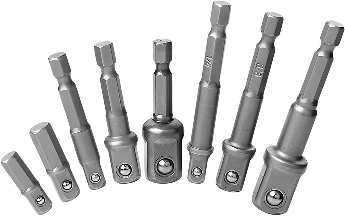 SnelShoppen - Socket Spanner Adapter Set van 8 - 1/4 Inch Hex Adapter naar 1/4 Inch, 3/8 Inch, 1/2 Inch Steeksleutels voor Boormachine en Accuschroefm