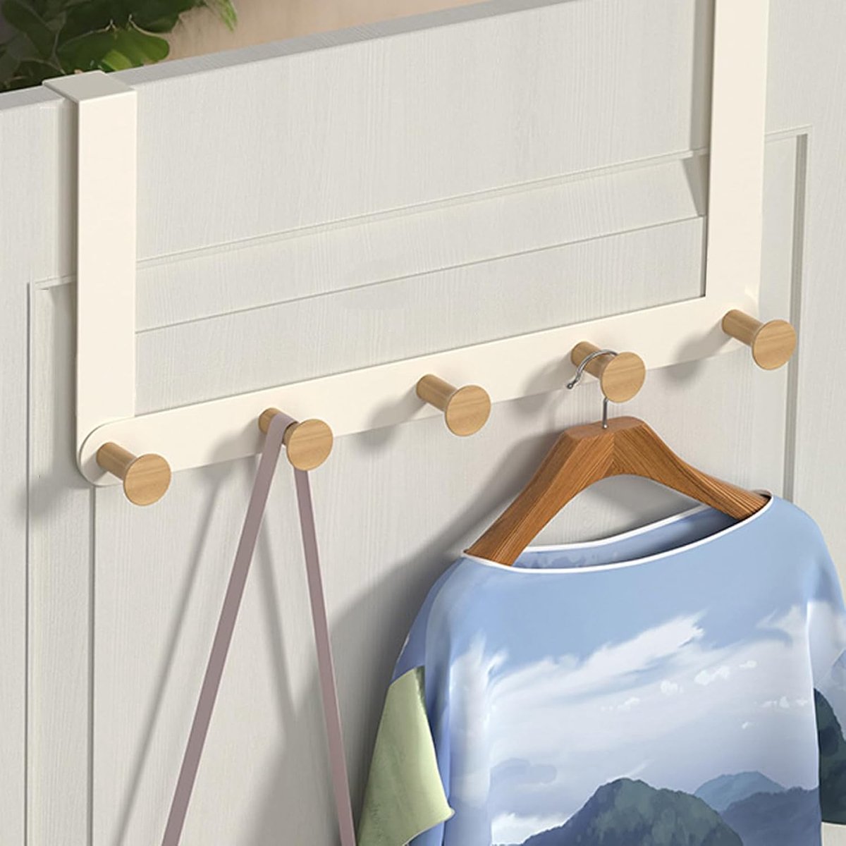 SnelShoppen - Deurhaken met 5 Houten Haken - Handige Kledinghaken voor Jassen, Handdoeken, Badjassen - Ideaal voor Deuren Tot 4.5 cm Dikte - Beukenhou