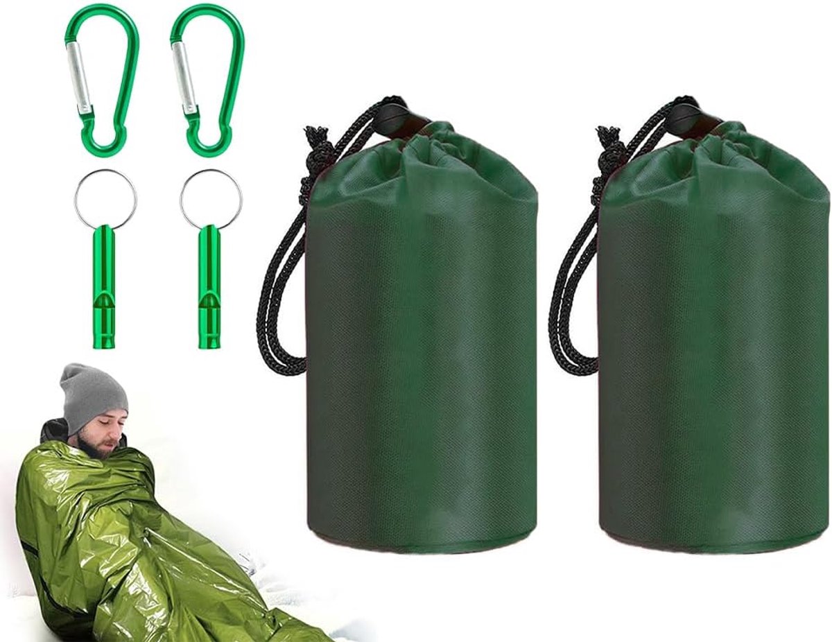 SnelShoppen - 2 x Waterdichte Nood Slaapzakken met Fluitje en Karabiner - Thermische Dekens Aluminium voor Camping en Hiking - Portable Thermische Tas