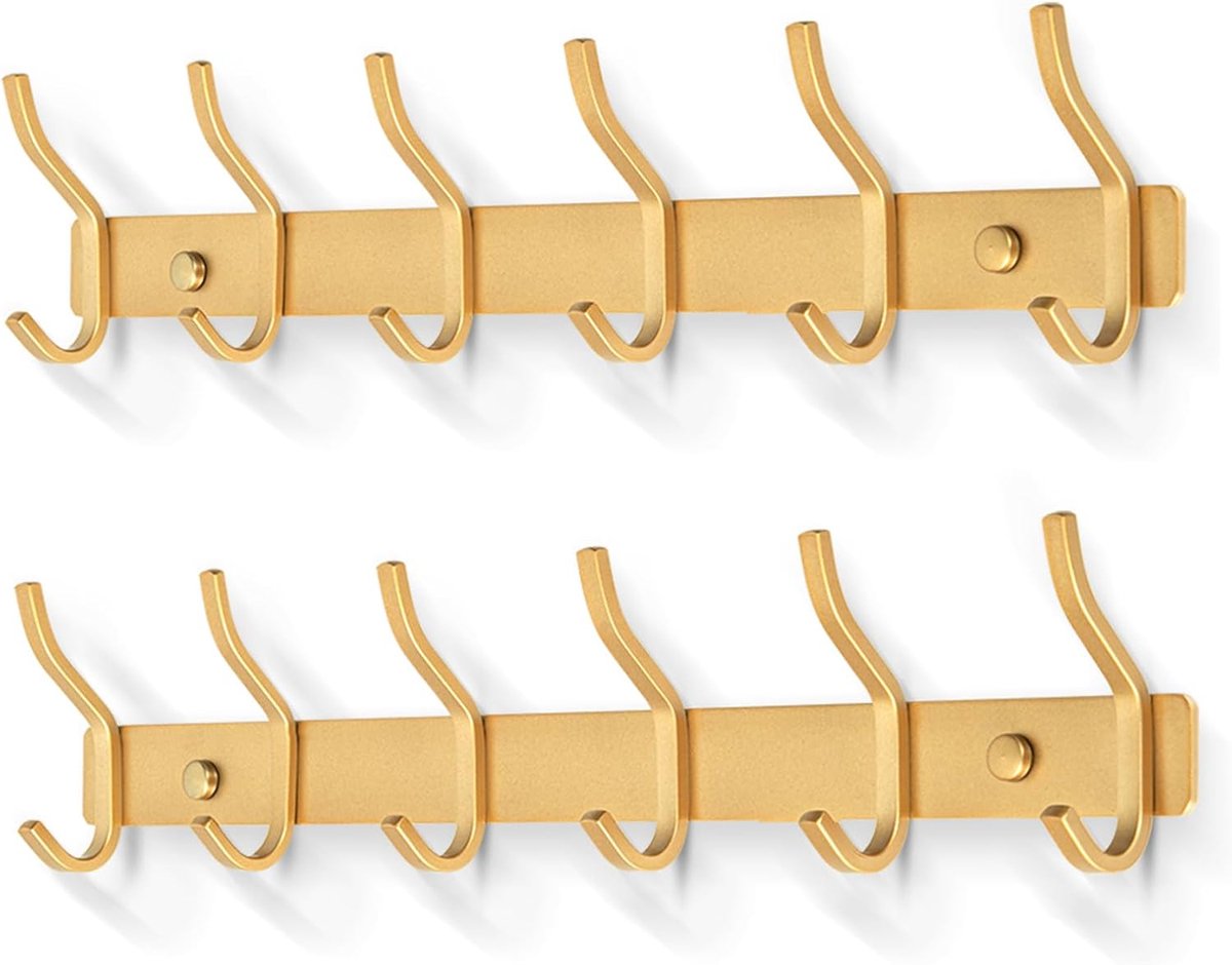 SnelShoppen - Wandkapstok met 6 haken, Rvs haakjes, Wandhaken voor handdoeken, Goudkleurig, 2 stuks, Minimalistisch design voor badkamer, slaapkamer,