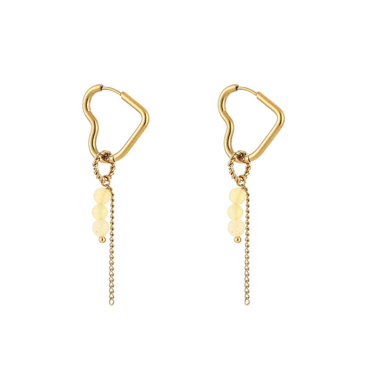Stainless Steel Hartvormige Oorringen met Kralen en Kettinkje – Romantische & Trendy Oorhangers – RVS - Goud/Geel