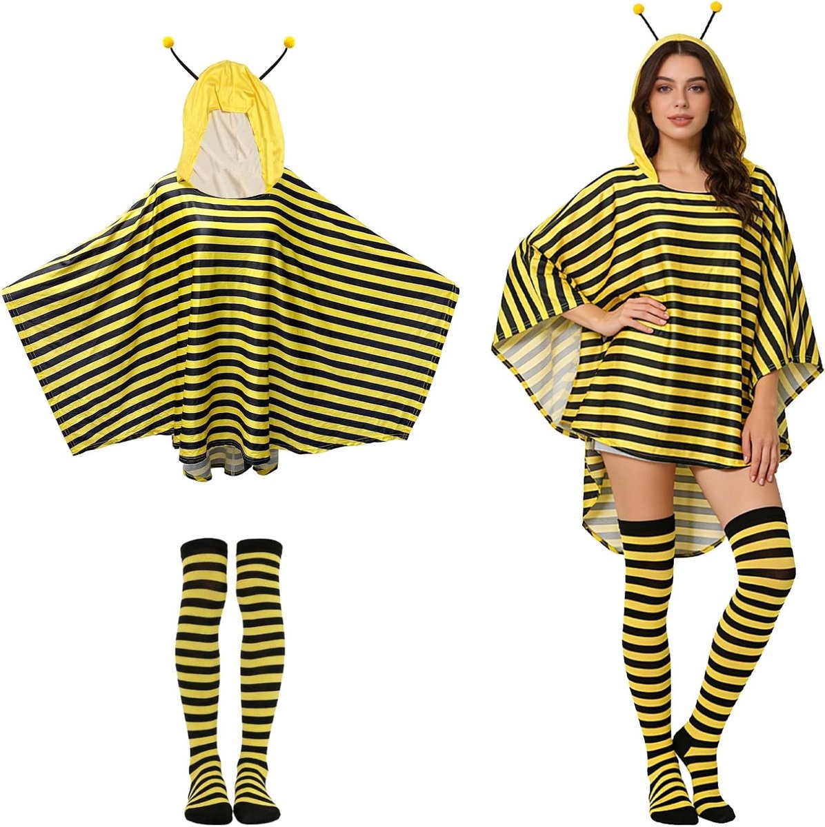 Bijen Kostuum voor Volwassenen met Antennes, Gele Gestreepte Cape en Sokken voor Carnaval en Feestjes