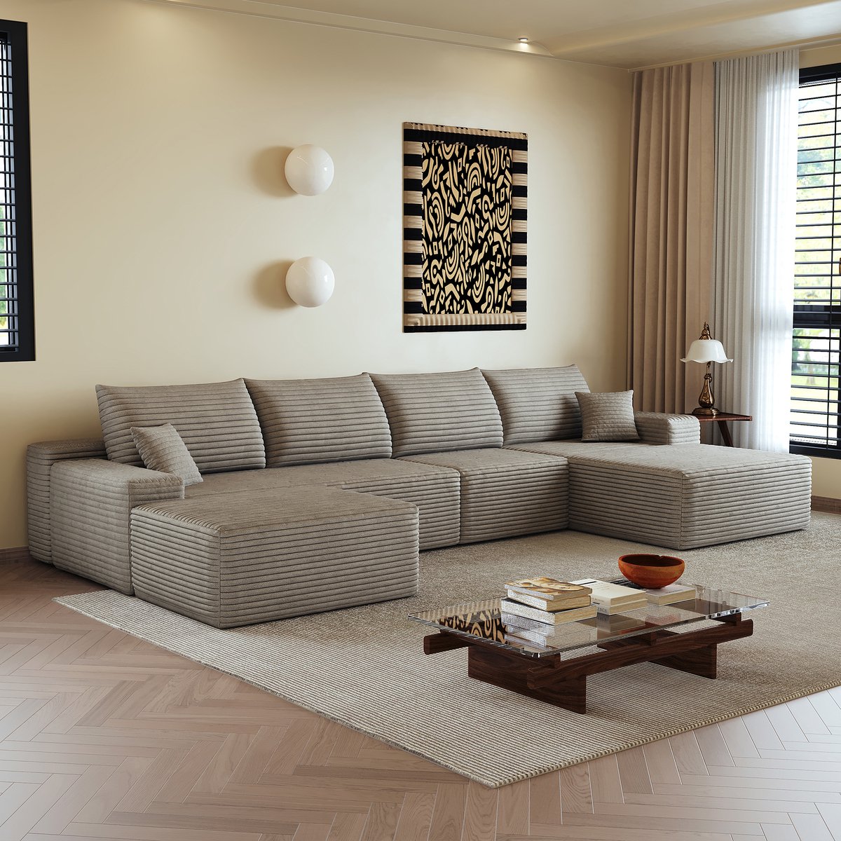 Modulaire Hoekbank Met L Vormige Chaise Longue, Diepe Zit En Zachte Corduroy Bekleding Voor Woonkamer En Appartement, Camel