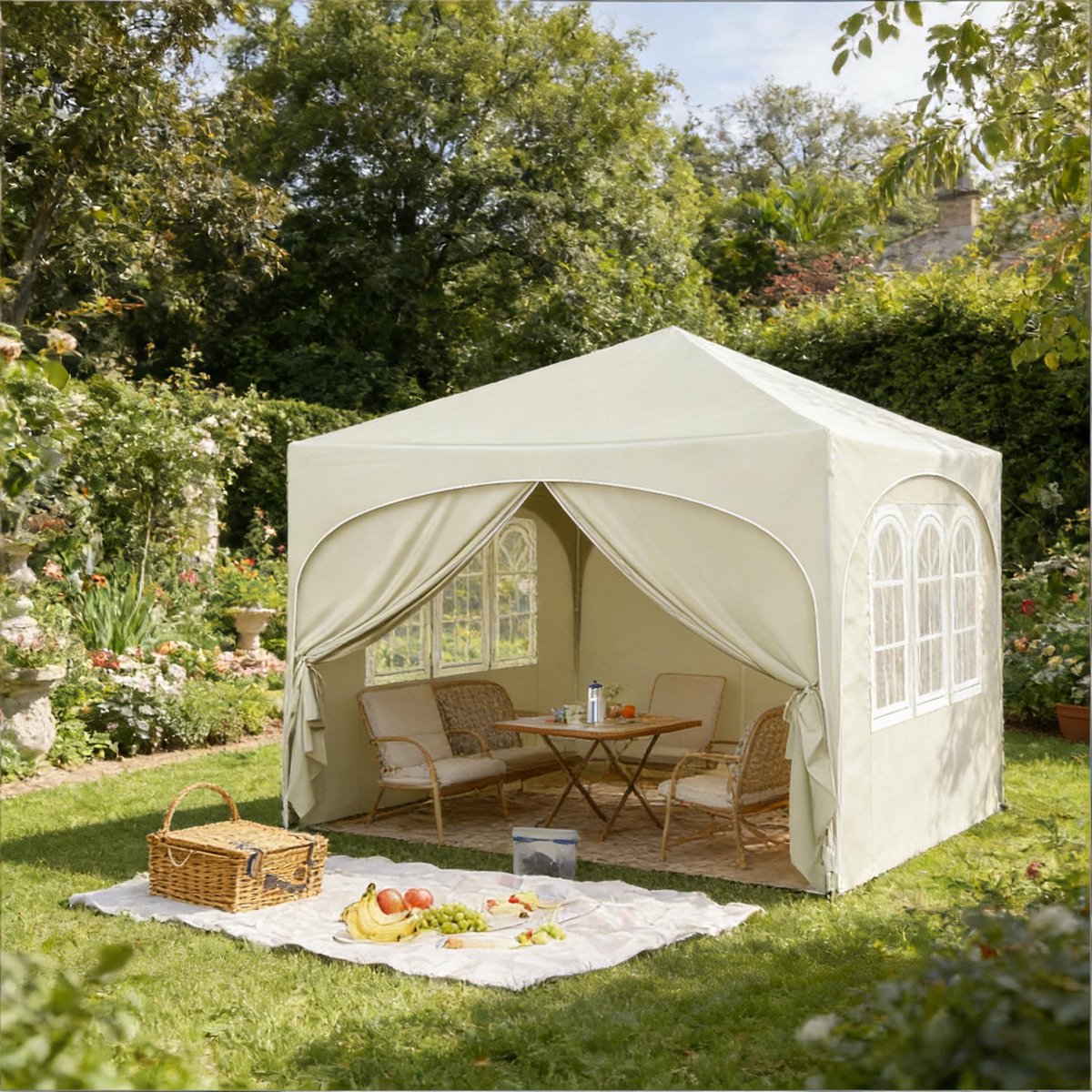 FloraGrace Partytent - 3 x 3 m - Opvouwbaar Met Afneembare Zijwanden - Oxford Stof En IJzer - Beige - Voor Tuin En Evenementen