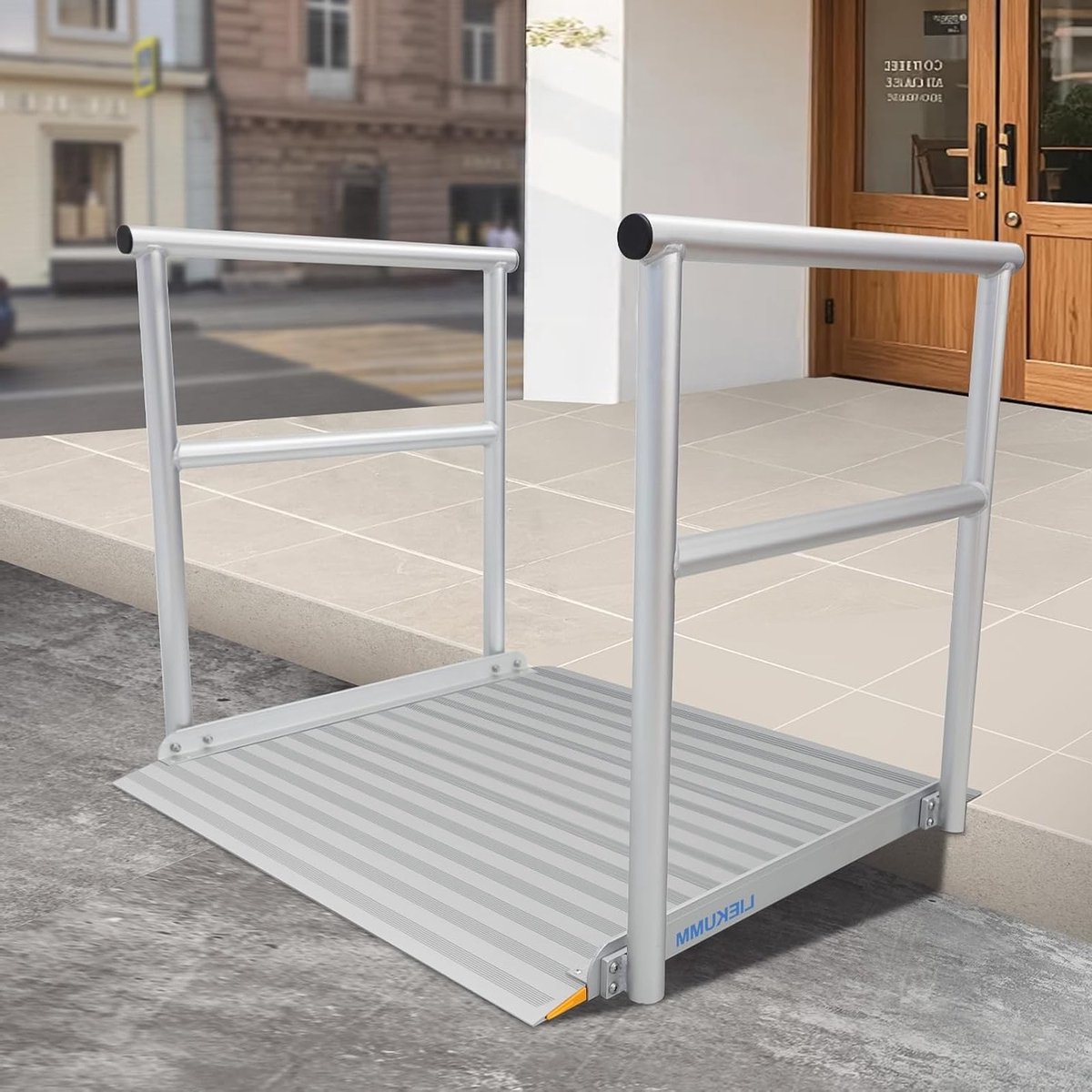 Aluminium Rolstoeloprijplaat 91 x 91 cm met Handgrepen, 300 kg Capaciteit, Antislip, Geschikt voor Drempels, Stoepranden en Scooters, Max. 23 cm Drempelhoogte