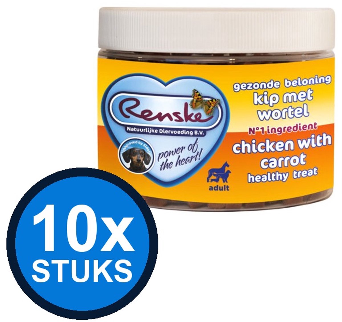 10x Renske - Gezonde beloning mini hartjes hond kip 300gr - Hondenvoer Snacks - 300 g