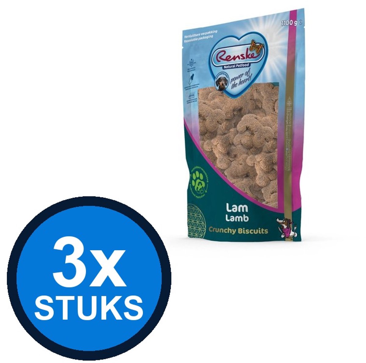 3x Renske - Gezonde beloning hond crunchy lam 1100gr - Hondenvoer Snacks - 1.1 kg