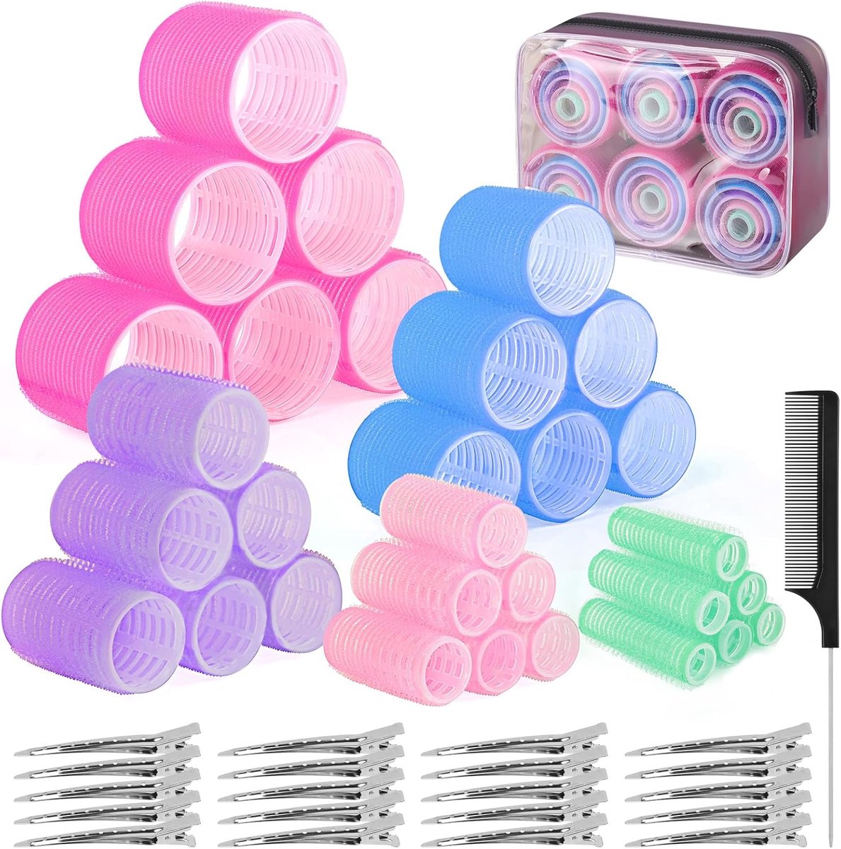 SnelShoppen - Pack van 60 Haarrollers met Clips, 5 Maten (60/48/36/25/15 mm) voor Lang, Midden, Kort en Dik Haar - Inclusief 28 Metalen Clips, Kam en