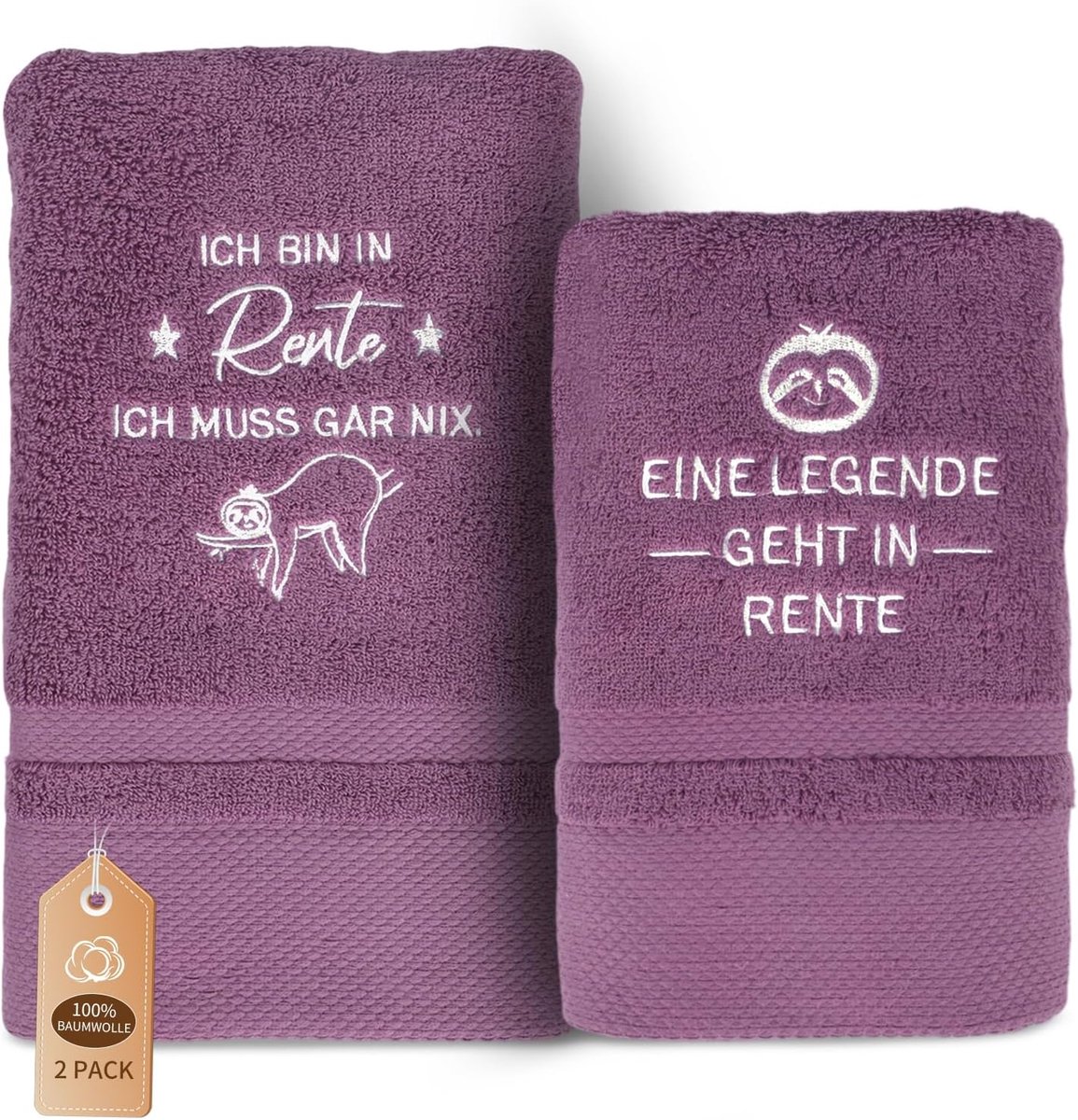 SnelShoppen - Vrouwencadeau voor Pensioen - Paarse Geborduurde Katoenen Handdoekenset - 1 Badhanddoek (50x100 cm) & 1 Handdoek (35x75 cm) - Grappige P