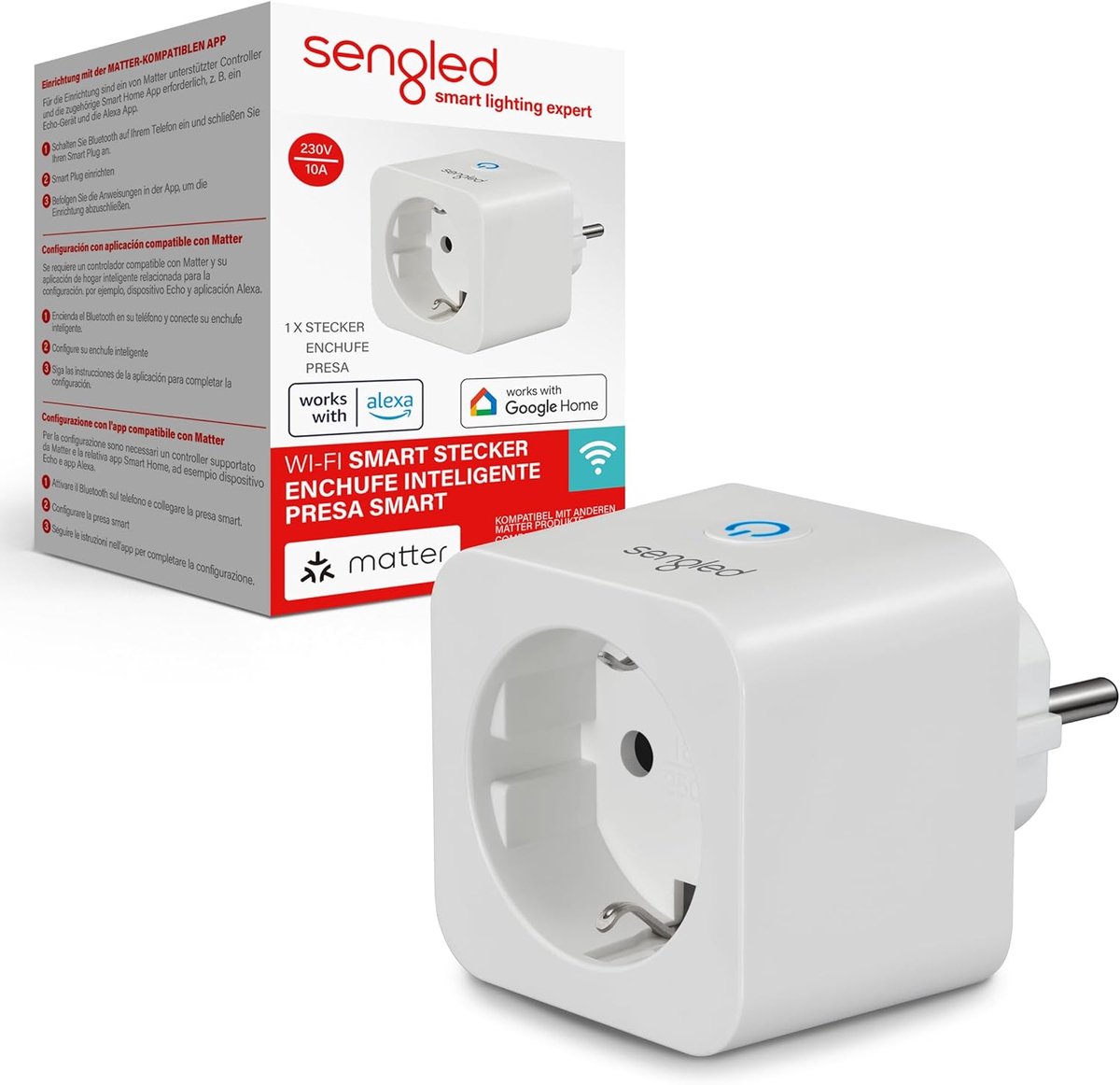 SnelShoppen - Slimme Plug met Spraakbediening, 2300W, 2.4GHz WiFi, Compatibel met Alexa, Google Assistant, Apple HomeKit, SmartThings, 1 Stuk