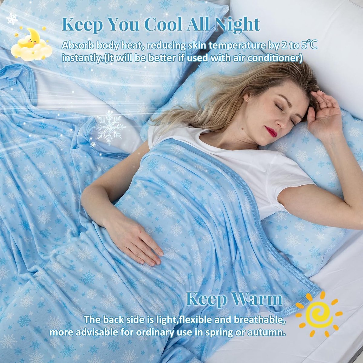 SnelShoppen - Cooling Blanket voor Warm Slaapcomfort - Dunne Zomer Zelfkoelende Dekens, 228x274cm, Snowflake Design, Blauw, Lichtgewicht voor Bed, Per