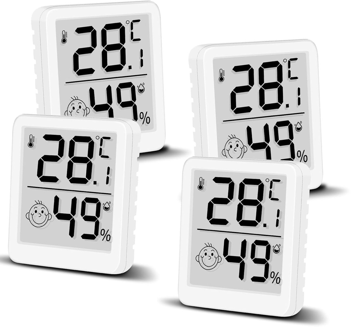 SnelShoppen - 4 Stuks Digitale Hygrometer, Smiley Thermometer, LCD Vochtigheidsmeter voor Binnen, Mini Vochtmeter met Hoge Precisie Temperatuursensor