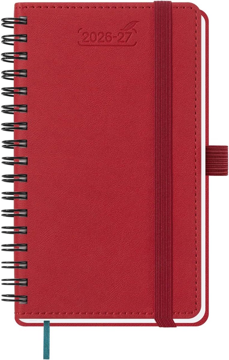 SnelShoppen - BEZEND 2026 2027 Weekplanner A6 18-Maanden Pocket Kalender, Lederen Softcover, Rood, Met Pennenhouder, Ideaal voor School, Werk en Perso