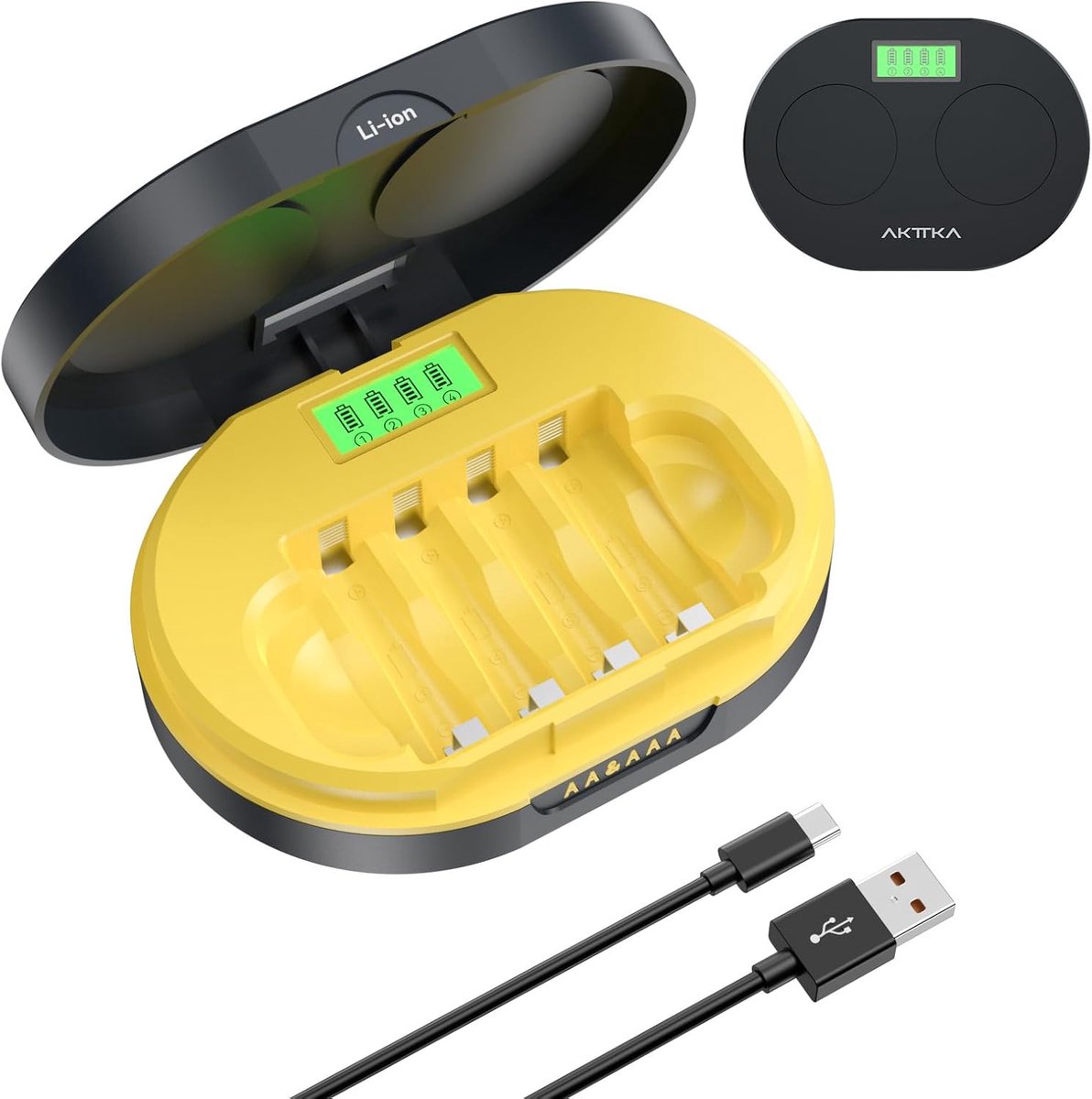 SnelShoppen - 4-Slots Batterijoplader voor 1.5V Li-Ion AA/AAA – Snellader met Onafhankelijke Kanalen 4×400mA, LCD per Slot, CC/CV Opladen, USB-C 5V/2A