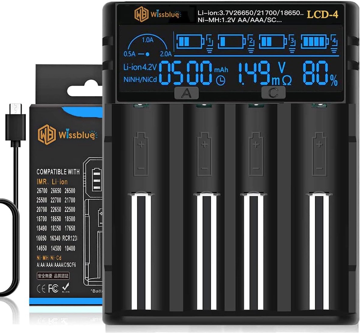 SnelShoppen - 18650 Batterij Oplader met LCD Scherm, 2A Instelbare Snellader voor 18650, 21700, 26650, 18350, 17500, 14500, NiMH, NiCd, AAA, AA