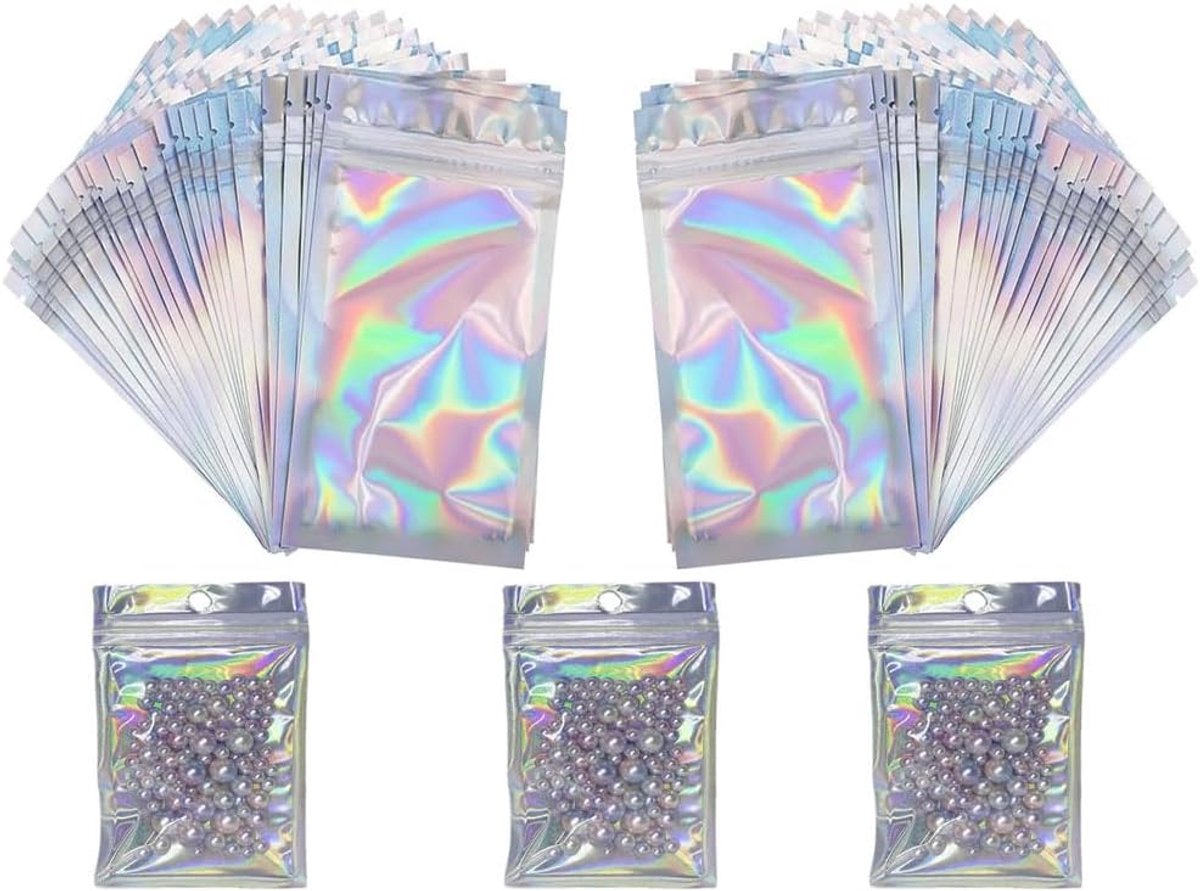 SnelShoppen - Resealable Mylar Ties 100 Stuks - Geurvrije Holografische Tassen 10x7 cm - Herbruikbare Ziplock Zakjes voor Cadeaus en Sieraden