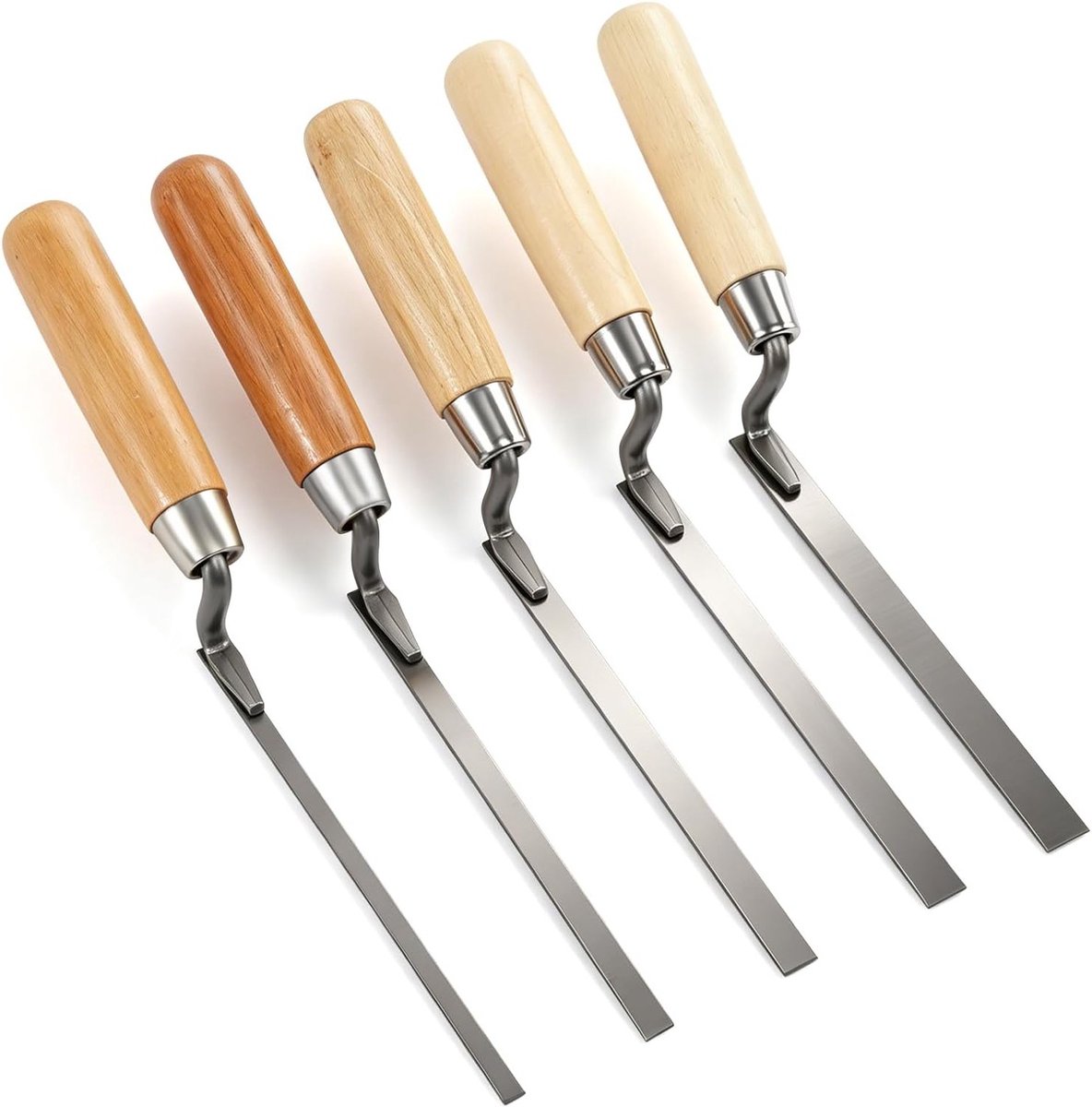 5-delige set roestvrijstalen voegentroffels met houten handvat voor baksteenvoegen en stootvoegen, 6/8/10/12/15 mm, ideaal voor professioneel en doe-het-zelf gebruik