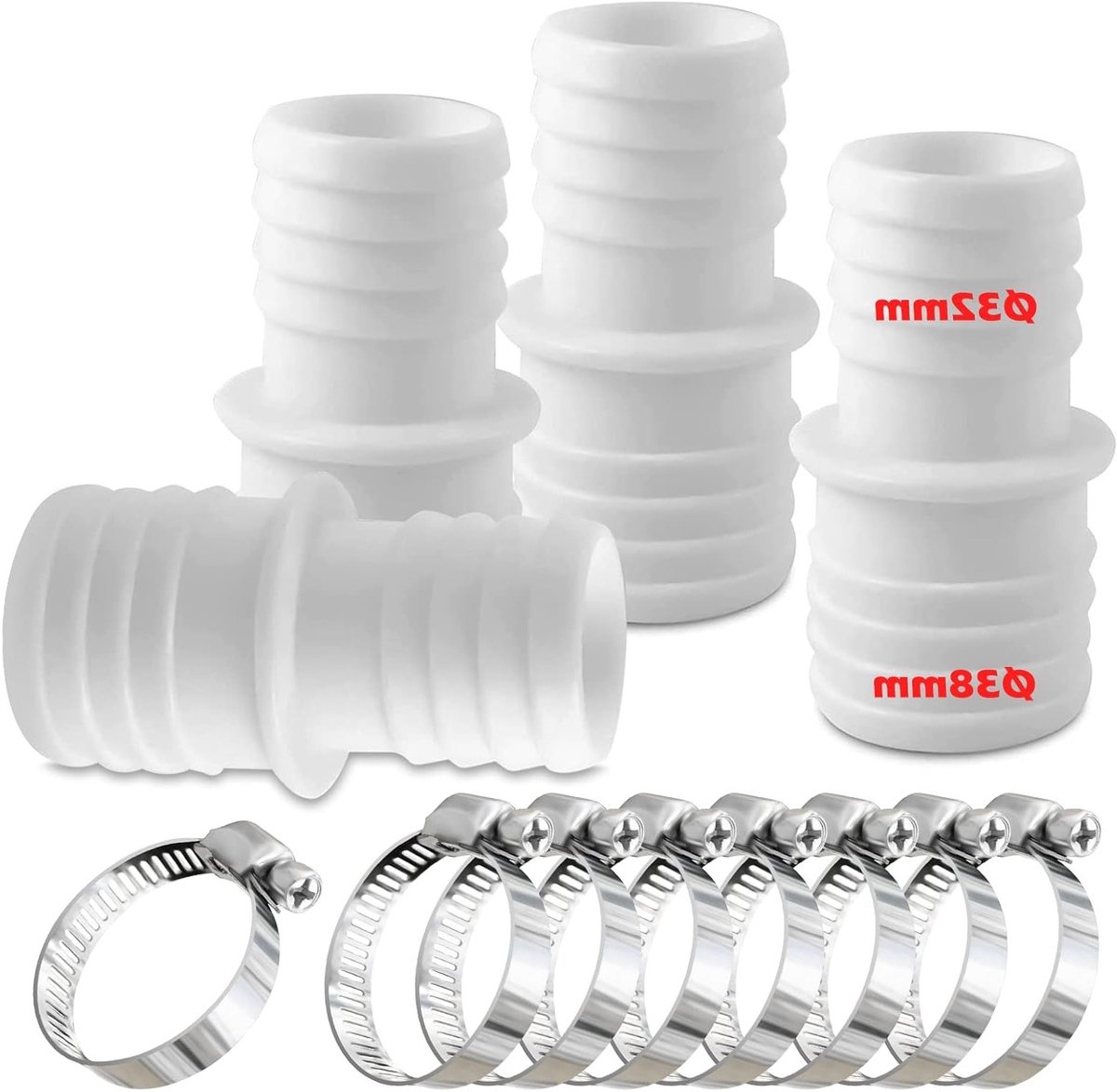 Hose connectors set voor zwembadslangen 32 mm naar 38 mm met klemmen en dubbele slangaansluiting