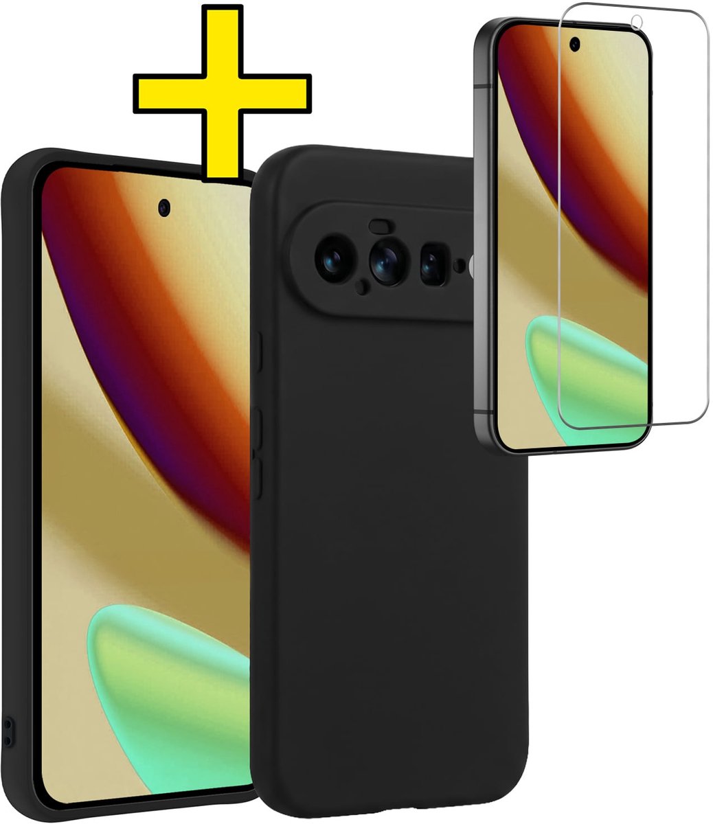 Hoesje - Met Screenprotector - Geschikt voor Google Pixel 11 - Sterk & Shockproof - Back Cover - Siliconen Case - Telefoon Hoes - Telefoonhoesjes - Zwart