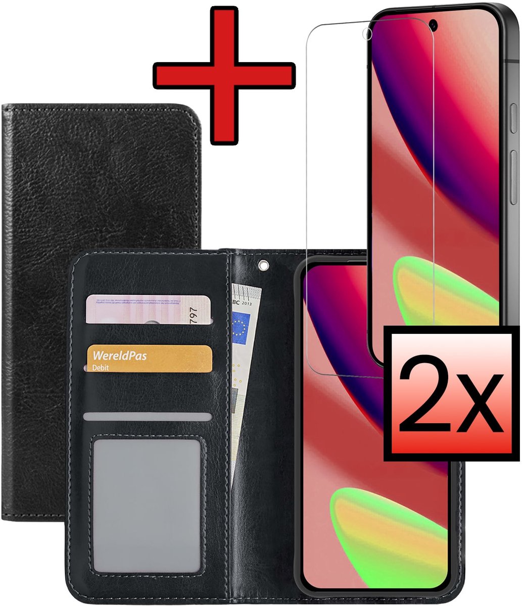 Hoesje - Met 2x Screenprotector - Geschikt voor Google Pixel 11 Pro - Luxe Pasjeshouder - Bookcase Portemonee - Flip Case - Kunstleer Book Case - Flipcase Hoes - Book Cover - Walletcase - Portemonneehoes - Zwart