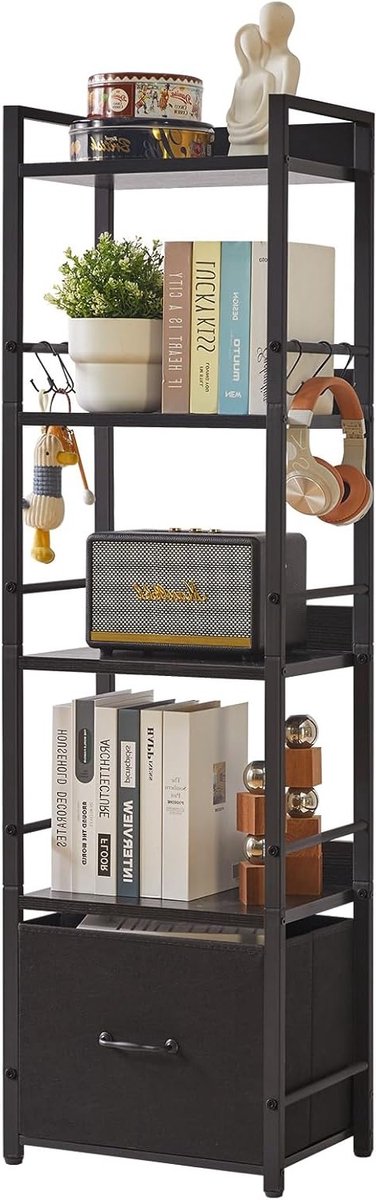5-Tier Ladder Shelf met Stoflade, Industrieel Ontwerp, Stalen Frame, Smalle Boekenkast voor Woonkamer en Slaapkamer, Zwart en Ruimtebesparend