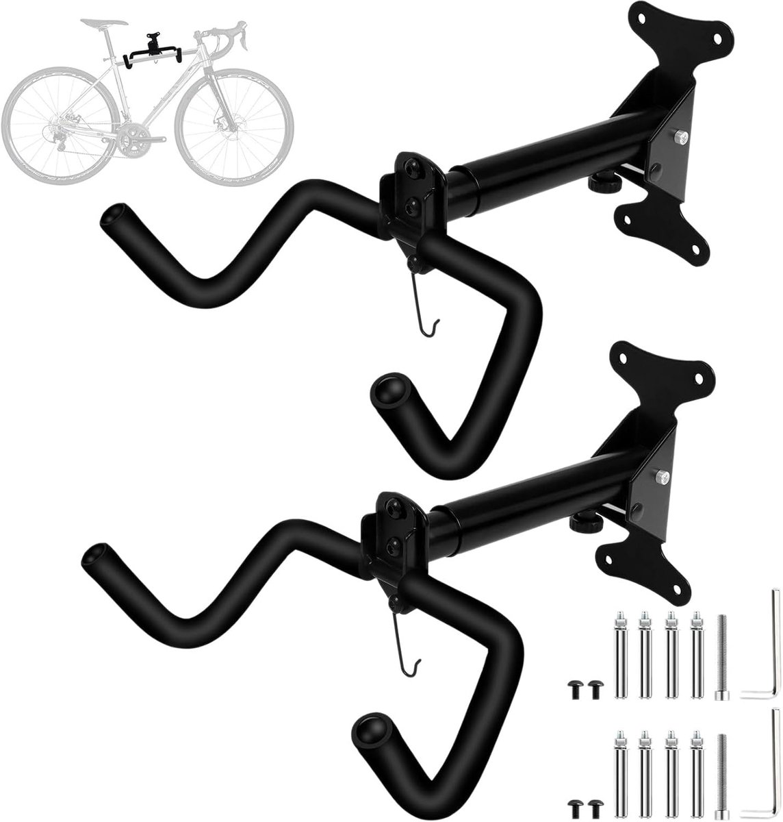 SnelShoppen - Fietsen Wandhouder - Stevige Metalen Fiets Steun - RVS - Tot 22Kg - Verstelbare Hoek - Uittrekbare Fietshouder - Zwart - 2 Stuks
