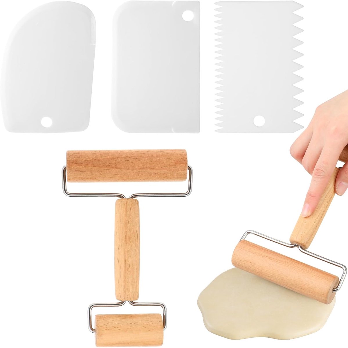 SnelShoppen - Houten deegroller set - kleine en medium deegroller met 2 rollen en 3 deegschrapers - Bakaccessoires voor pizza, desserts en dumplings -