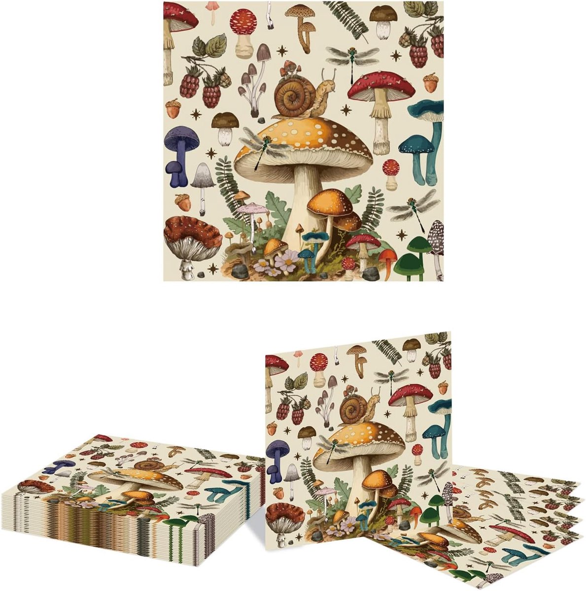 SnelShoppen - 20 Stuks Vintage Paddenstoel Papieren Servetten - Decoratieve Napkins voor Feest, Herfst, Thanksgiving, Keuken en Eetkamer - 16,5 cm x 1
