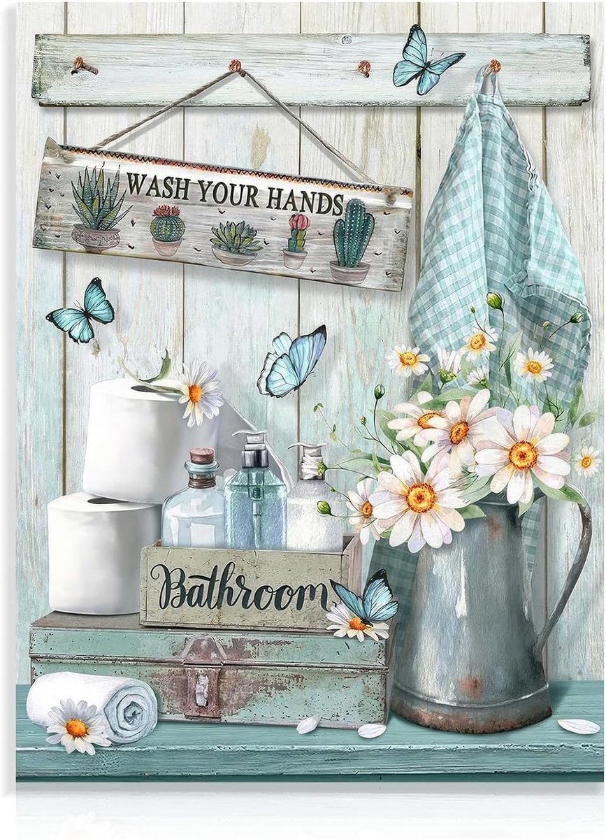 SnelShoppen - Farm Bathroom Decor Wanddecoratie - Rustiek Teal Bloem en Vlinder Posters - Wash Your Hands Sign - 12 x 16 inch Canvas Art voor Badkamer