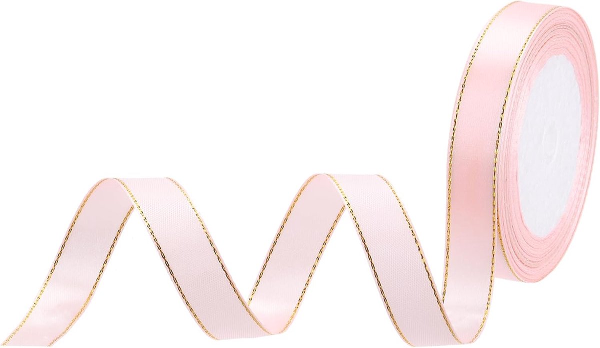 SnelShoppen - 1,5 cm Satijnen Lint 23 m met Gouden Randen voor Cadeau Inpakken, Bruidsboeketten, Feestdecoraties, Roze