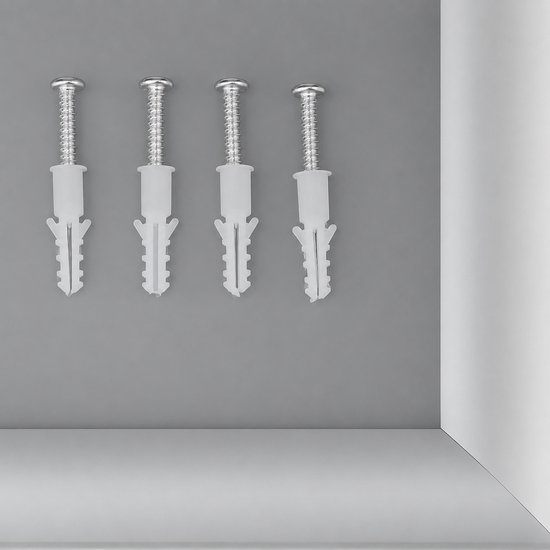 Vier schroeven met witte pluggen, klaar voor montage van een aluminium frame.