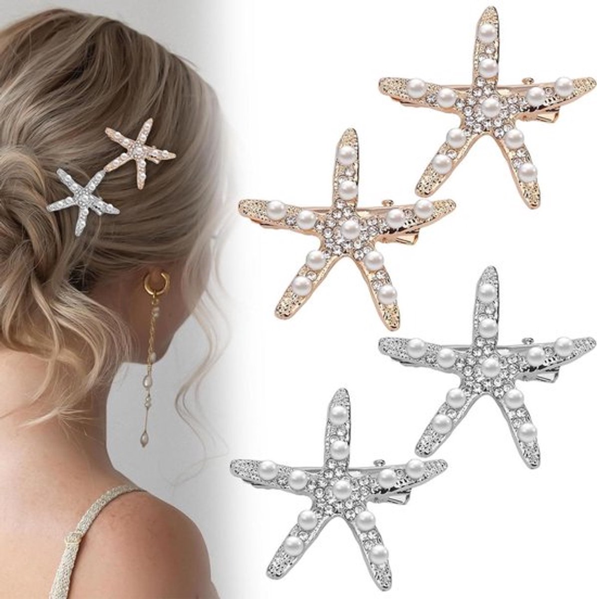 Sterren haarclip set voor bruiloft en feest - 4 stuks haarclips met kristal parels - Accessoires voor vrouwen en meisjes