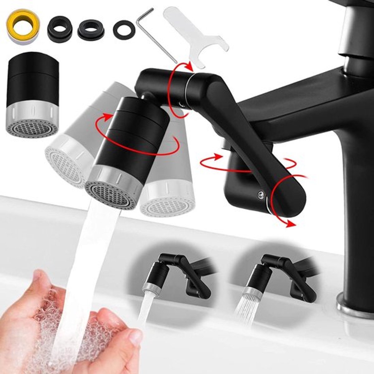 Multifunctionele kraanopzetstuk met 1440° draaifunctie en 2 sproeistanden - Universele beluchter voor badkamer en keuken - Zwarte perlator voor kranen
