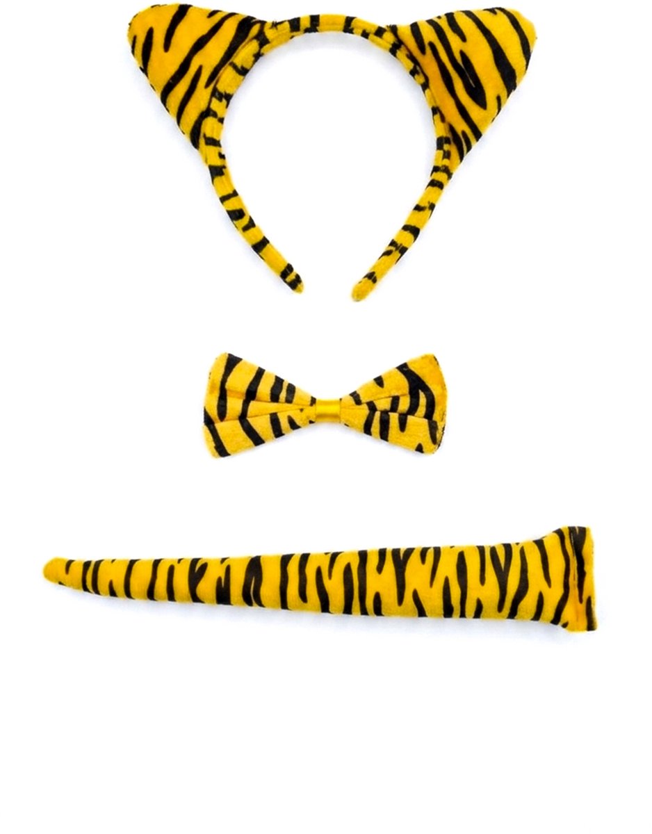 KIMU® Tijger Haarband Oren, Strik & Staart Diadeem Set - Geel Zwart Zacht Tijgerpak Dierenpak Oortjes Pak - Tijgertje Strepen Strikje Staartje Festival