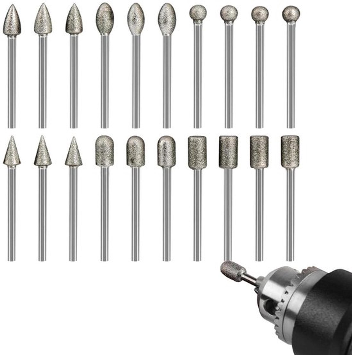 Freesset voor rotatiegereedschap, diamantfreesstiften, 20-delige set voor graveren, slijpen, polijsten, boren van steen en glas.