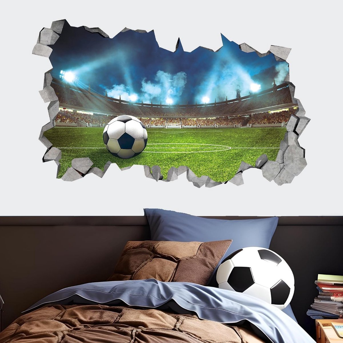 3D Voetbal Muurstickers voor Jongens, Voetbal Stadion Doorbraak Muurdecoratie, 85x55CM Sport Stickers voor Kinderkamer en Woonkamer Decoratie